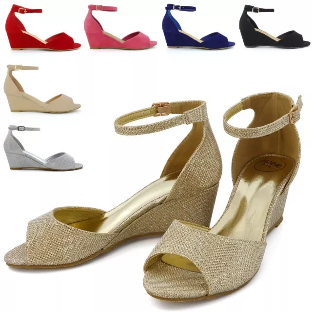 Womens Low Heel Wedge Ankle Strap Sandals Ladies Peep Toe Bridal Party Shoes