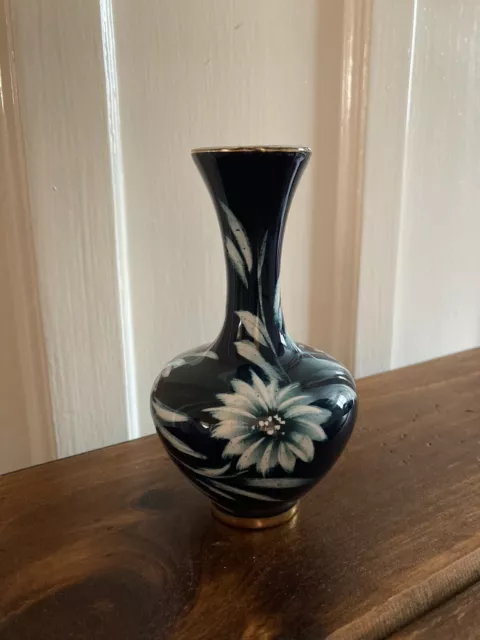 Vintage handpainted small porcelain vase blue green floral glossy good condition