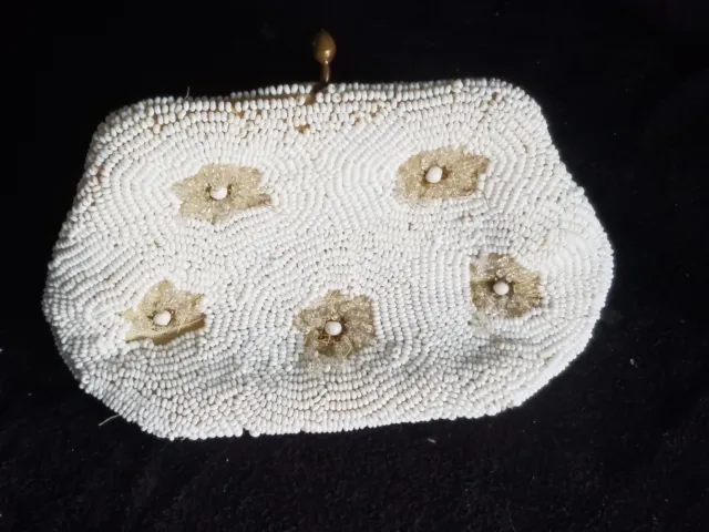 Vtg  Saks Fifth Avenue White Micro Beaded Purse Floral design 50's-60's