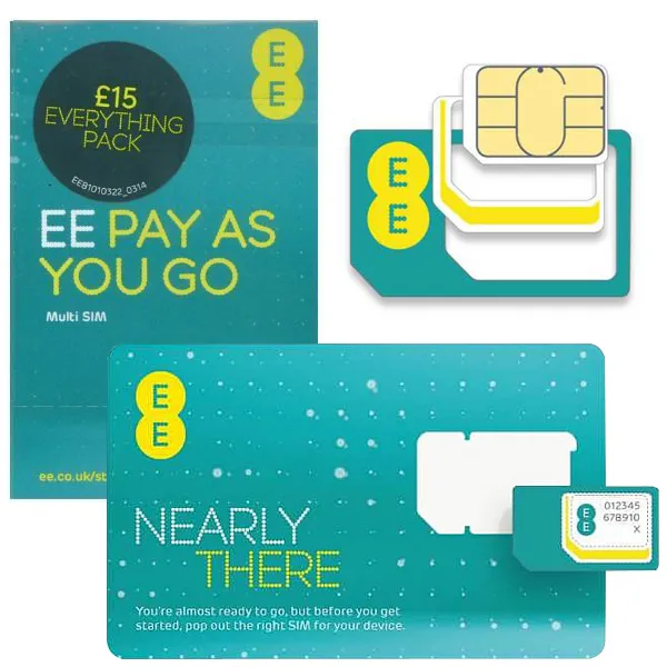 Scheda SIM Mobile Pay As You Go EE Nano Micro Standard 4G PAYG £15 confezione tutto
