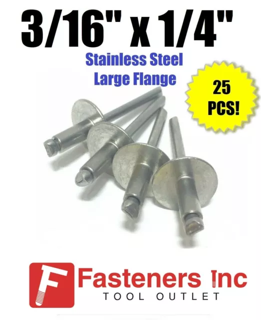 (Qty 25)  3/16" x 1/4" Grip ALL Stainless Steel Large Flange POP Rivet 64LF