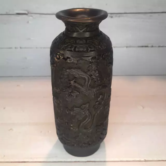 Superbe vase asiatique ancien en résine de 19cm, motifs de dragons