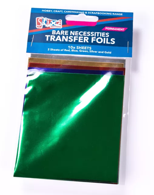 10 Hojas Láminas De Transferencia Surtidos Colores Rojo Azul Verde Plata Y Oro S57067