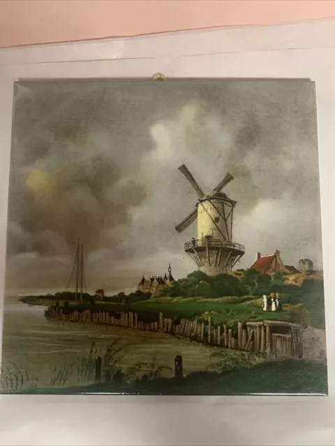 Vintage Royal Mosa Dutch Delft Hand Painted Wall Tile 6" Hand Painted Windmill