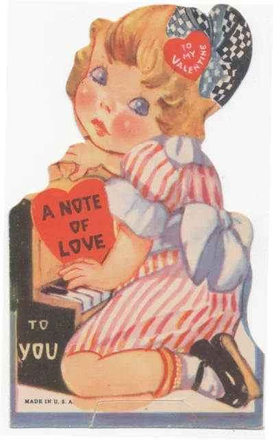 Winsome Girl Plays Piano, Holds A Note Of Love Die Cut 'Flat' Valentine Vintage