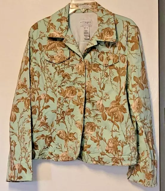 Villager Liz Claiborne Stretch GREEN Button Up Jacket Size XL Floral VINTAGE