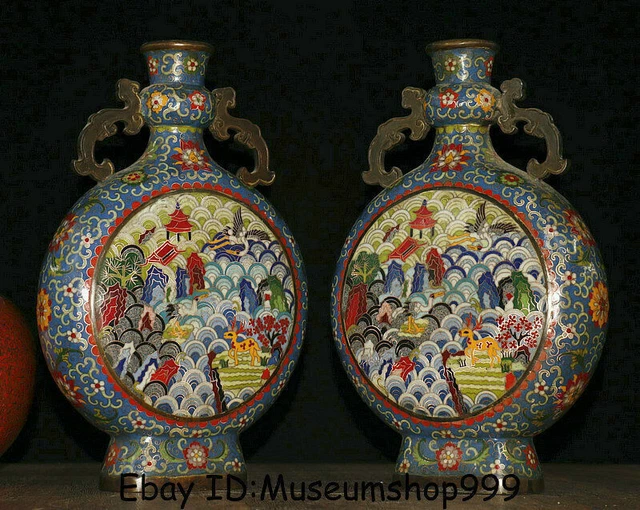 14.8" Marked Old China Cloisonne Enamel Bronze Crane Birds Deer Bottle Vase Pair