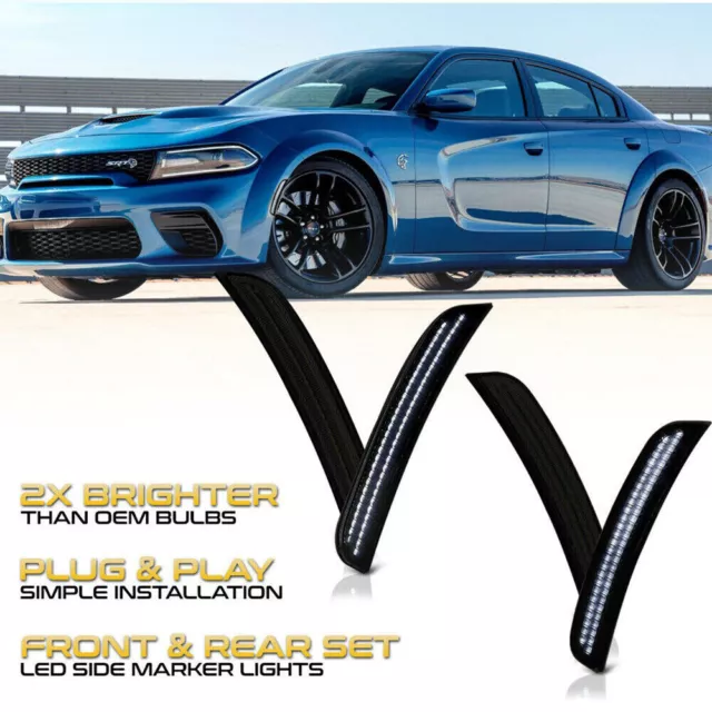 WHITE LED STRIP Front Rear Smoked Side Marker Lights For 15-22 Dodge Charger
