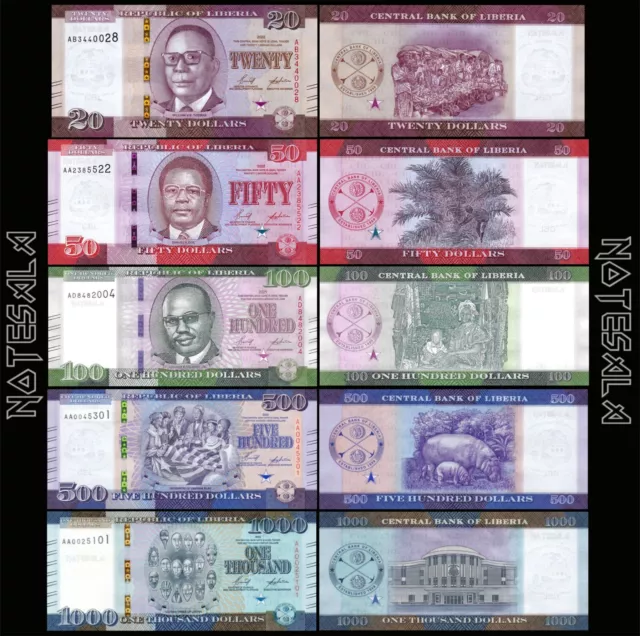 LIBERIA FULL SET 5 Pcs 20, 50, 100, 500 & 1.000$ DOLLARS 2022 Pick-W39 to 43 UNC