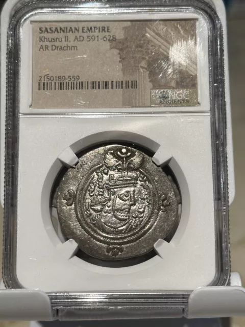 SASANIAN EMPIRE KHUSRU II, AD 591-628 AR DRACHM SILVER COIN Incredible Strike!