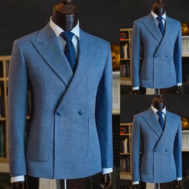 Blue Men Suit Double Breasted Blazer Regular Slim Fit Tuxedos Peak Lapel Wedding