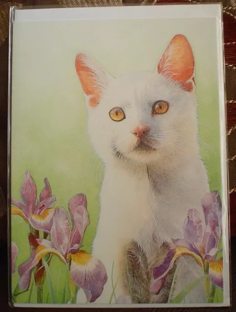 Lovely White Cat And Flowers Blank Greeting Card