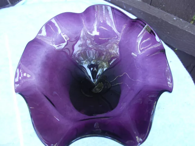 Art Glass Hand Blown Large Ruffle Footed Purple Compote Center Piece Beautiful