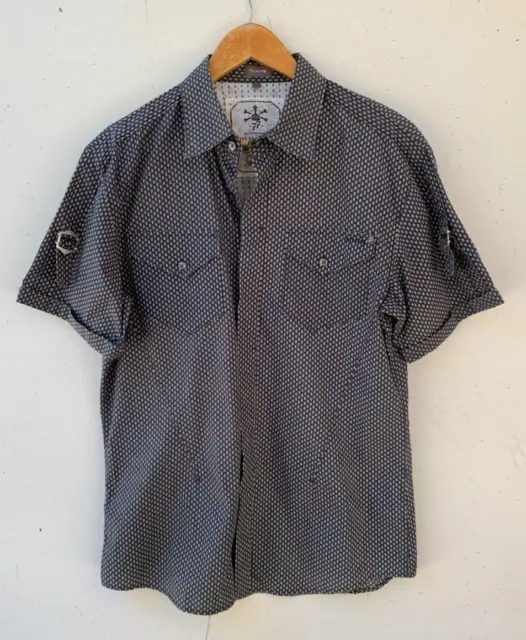 FIRETRAP Mens 90s Y2K Short Sleeve Button Up Navy Blue Casual Party Shirt Size L