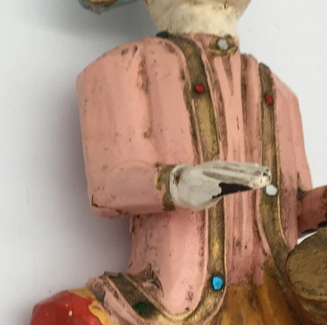Set of 2 Burmese Painted Hand-Carved Wooden Temple Musician Figurines 10 inches 3