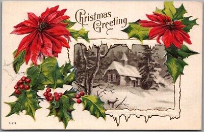 CHRISTMAS GREETING Embossed Postcard Church Scene / Poinsettia Flowers 1916