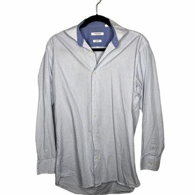 isaac mizrahi mens button down dress shirt blue plaid size 15.5 neck