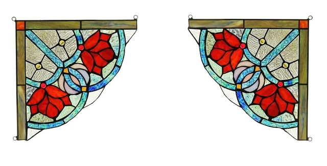 Stained Glass Window Corner Panels Victorian  Rose Design 9.8" Handcrafted PAIR