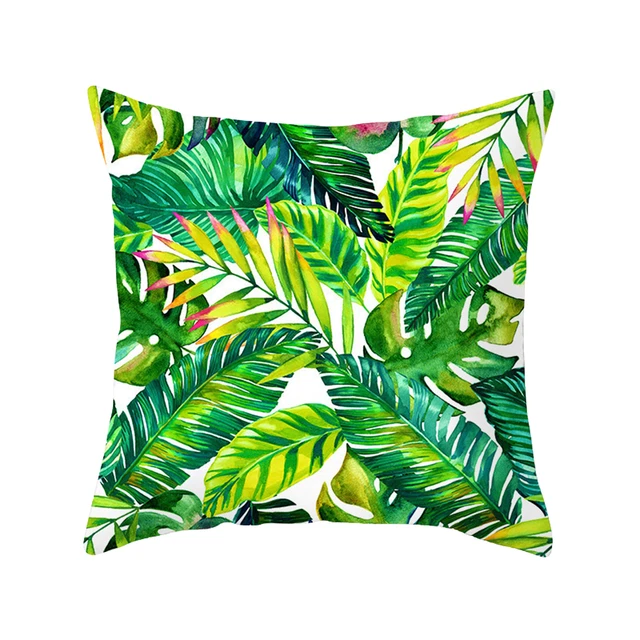 Funda de almohada suave y transpirable con estampado de planta verde poliéster