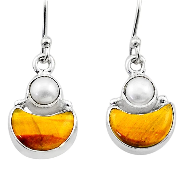 India Jewelry 7.32cts Moon Natural Tiger's Eye Pearl Dangle Earrings T68925