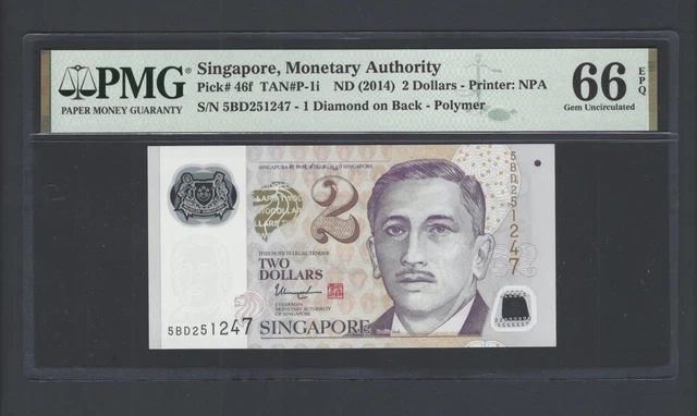 Singapore 2 Dollars ND(2014) P46f Uncirculated Grade 66
