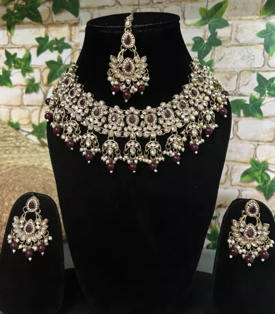 Indien Bollywood Plaqué Argent Kundan Ras Du Cou Mariage Collier Boucles Bijoux