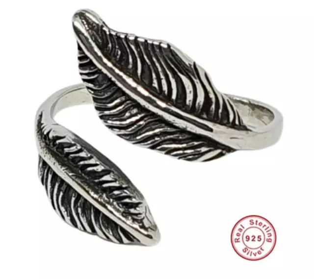 Anillo de pluma de ángel Unisex Sólido Plata de ley 925 Tamaño ajustable 7...