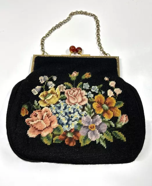 Vintage Needlepoint Tapestry Carpetbag Purse Evening Bag Floral with Mirrors