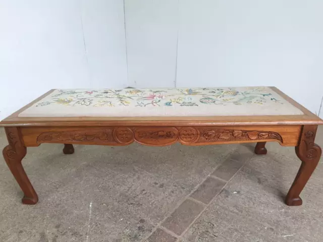 Vintage Beech Fender Double Stool Embroidered Fabric Floral Carved Cabriole Legs