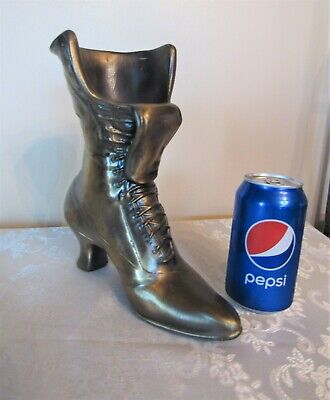 Gold Cast Iron Brass Ladies Large Boot Shoe Vintage Planter * 9 1/2" Tall