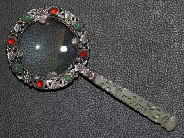 Antique Chinese carved jade & silver magnifying glass Qing Dynasty, 19th Century