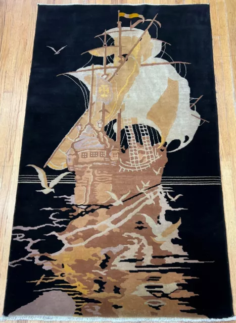 4' x 7' CHINESE ART DECO SAILING BOAT VINTAGE HAND KNOTTED WOOL ORIENTAL RUG