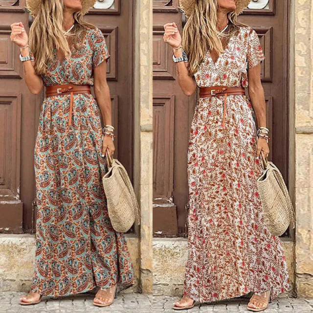 Women's Casual Boho Floral Slit Long Dress Ladies Summer Beach Maxi Sundress