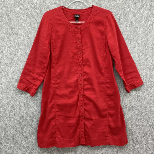 Eileen Fisher Linen Shirt Dress Womens Red Petite L Button Front Banded Collar