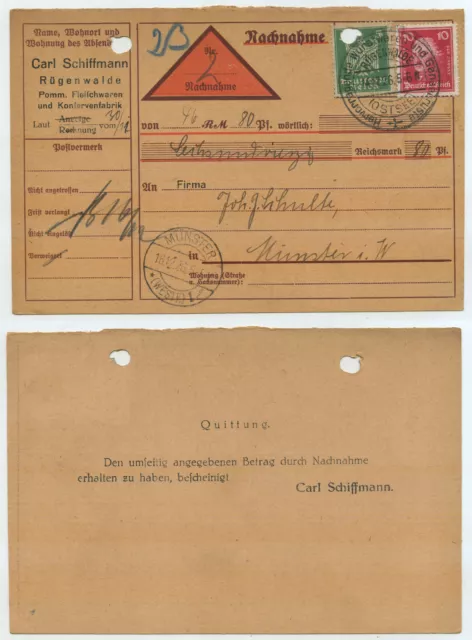 75479 - Nachnahme - Rügenwalde (Ostsee) 14.12.1926 nach Münster