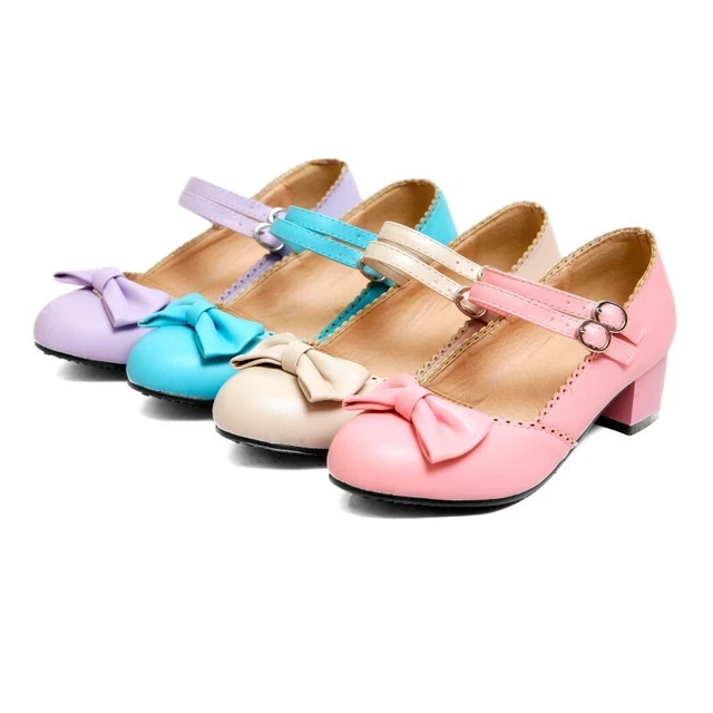 Womens Girls Sweet Bowtie Mary Jane Chunky Low Heel Ankle Strap Date Shoes Pump