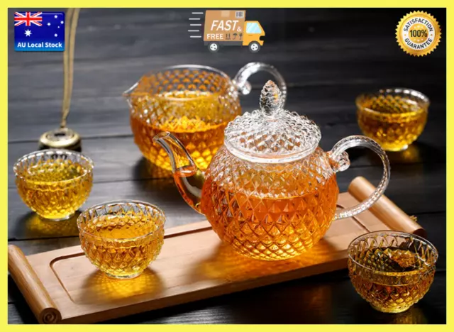 6 Piece Persian Design Glass Tea Set 400ml Teapot With Infuser + Tea Mug +4 Cups