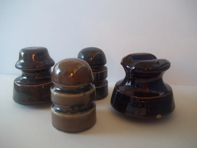 Lot Of 4 Brown Glazed Ceramic Porcelain Electric Power Line Insulators Vintage