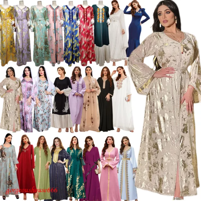 Muslim Women V-Neck Maxi Dress Abaya Kaftan Robe Dubai Islamic Party Gown Arab