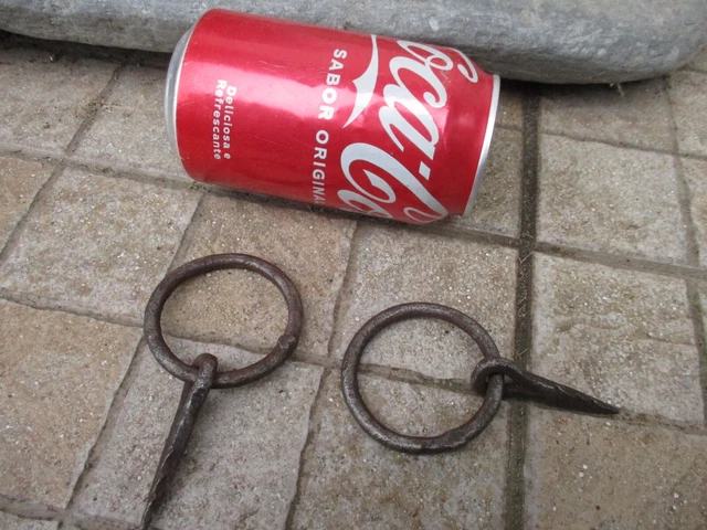 Antique (Set) Lot 2 Iron Tethering Ring on Pin Game Hook Old Wall Hardware