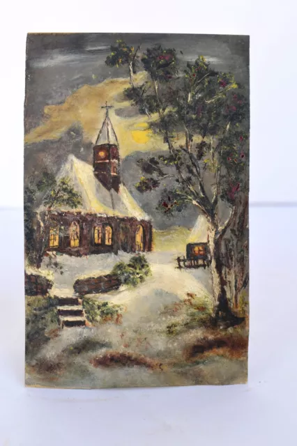 Antico Pittura Acqua Colore Mountain Chiesa IN Villaggio Dipinto a Mano Art Raro