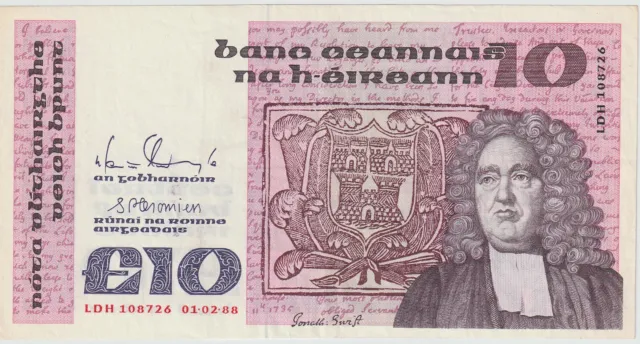 Ireland Republic 10 Pounds Banknote 1988 Choice About Uncirculated Cond Pic#72-C