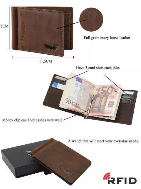 Mens RFID Crazy Horse Genuine Leather Wallet R1 Slim Bifold Front Pocket w/Box