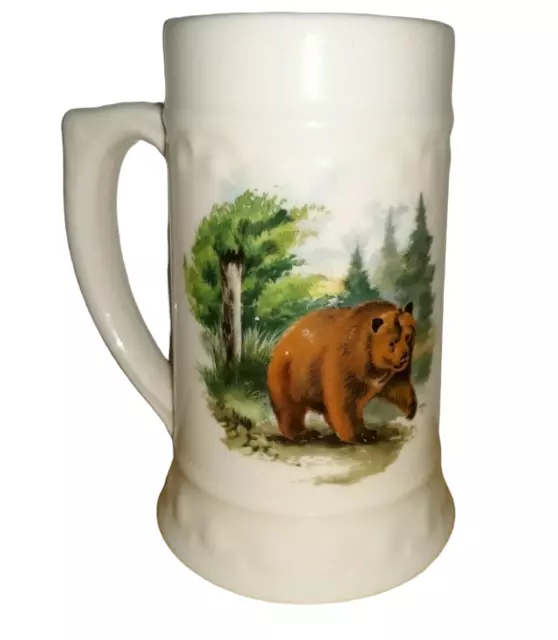 Vintage Ceramic Beer Stein Mug Grizzly Bear In Woods Rustic Cabin Man Cave 6"