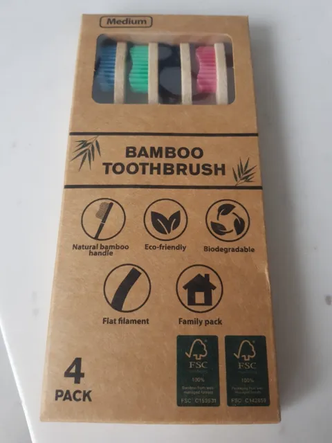 4er Pack farbige Bambus-Zahnbürsten Medium Umweltfreundlich Neu OVP  Familie