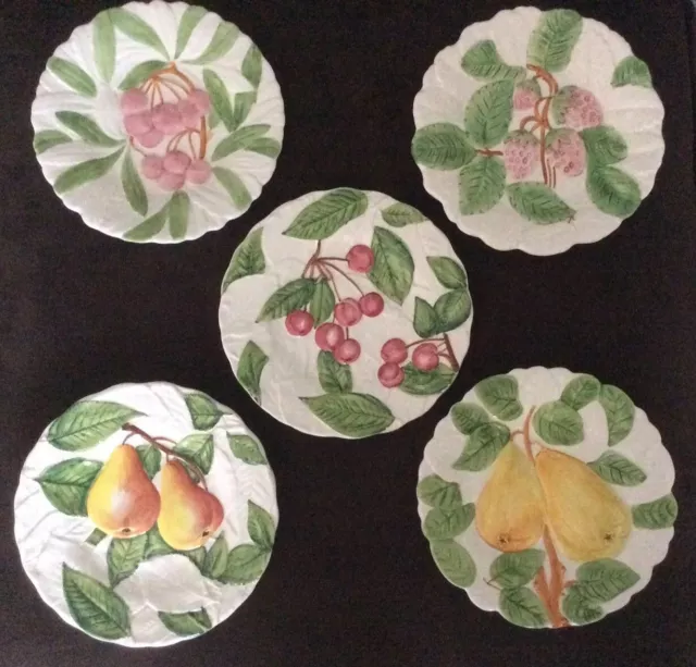 ITALIAN MAJOLICA :: Lot/5 FRUIT PLATES White/Multicolor Pottery ITALY