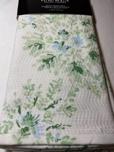 LAUREN RALPH LAUREN KITCHEN TOWELS (2) GREEN BLUE MEDALLION 100% COTTON NWT