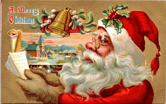SANTA with His List, CHRISTMAS Greetings Postcard