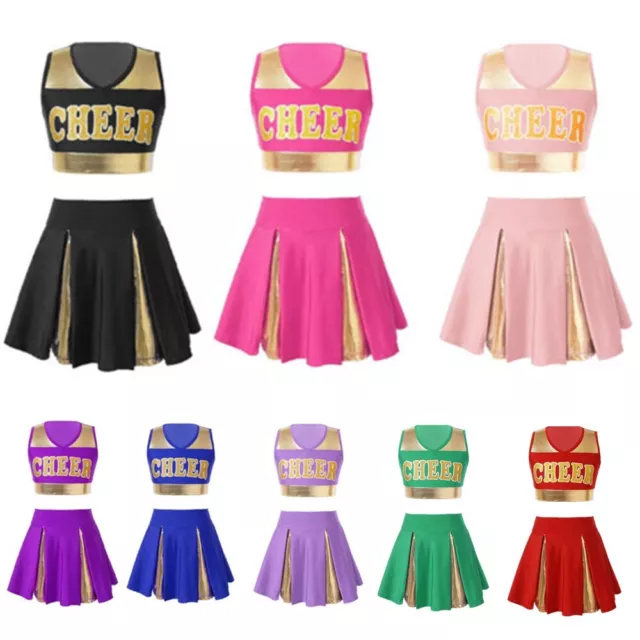 Kids Girls Cheerleading Dance Uniform Fancy Dress Crop Top with Skirt Outfit