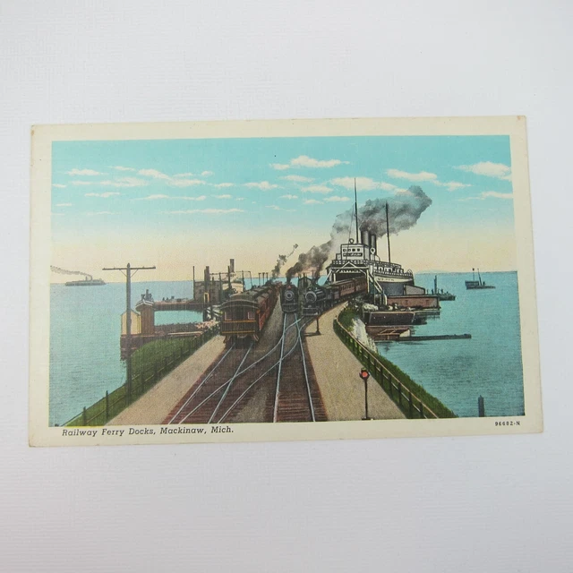 VINTAGE LINEN POSTCARD Train Railway Ferry Docks Mackinaw Michigan
